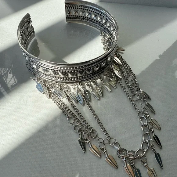 Bohemian Silver Leaf Tassel Chain Arm Cuff Bracelet ✨ - Picture 6 of 7